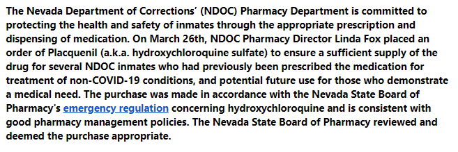 CONFIRMED: Nevada Department of Corrections ordered hydroxychloroquine after  @GovSisolak banned non-hospital doctors from prescribing it. This statement is from NDOC. Thread (1/X)