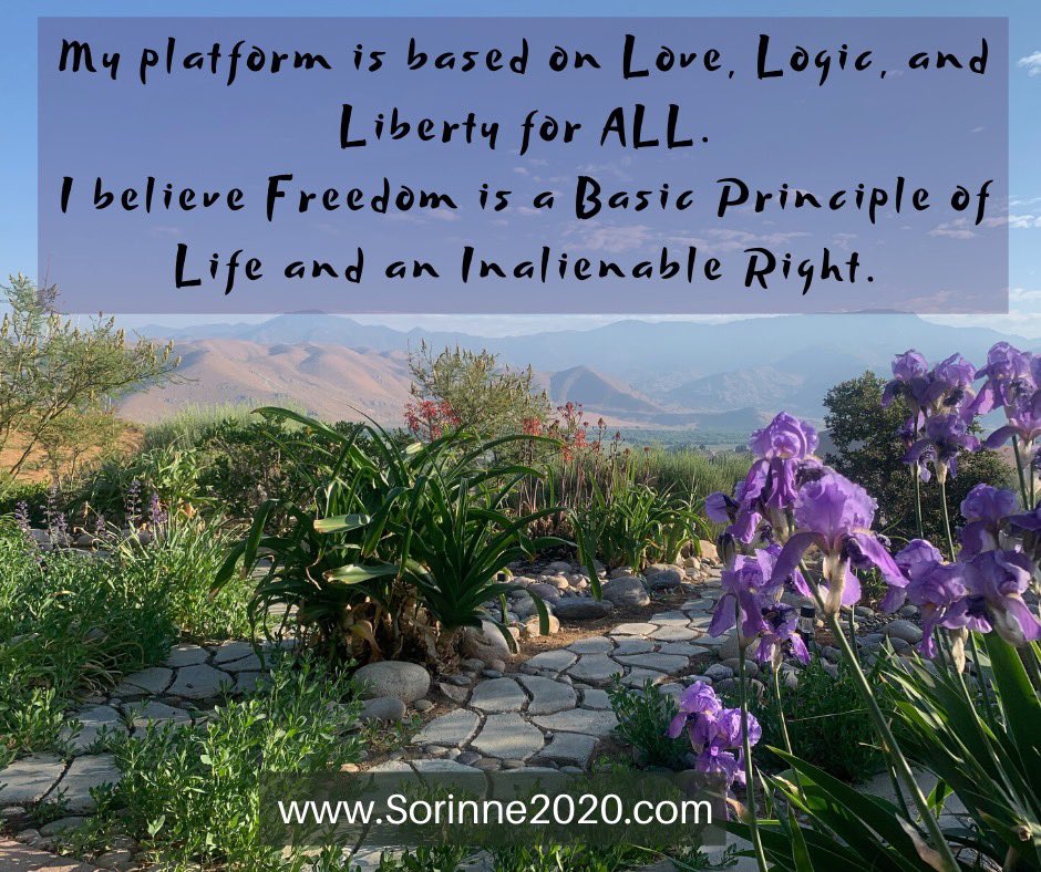 Sorinne2020's tweet photo. My platform is based on Love, Logic, and Liberty for ALL.
I believe Freedom is a Basic Principle of Life and an Inalienable Right.
❤️🤍💙
https://t.co/DdZBvMq7A3
#Sorinne2020 #Freedom #POTUS #Libertarian #Love #Logic #Liberty #BasicPrinciple #InalienableRight https://t.co/J2LfY54Gdd