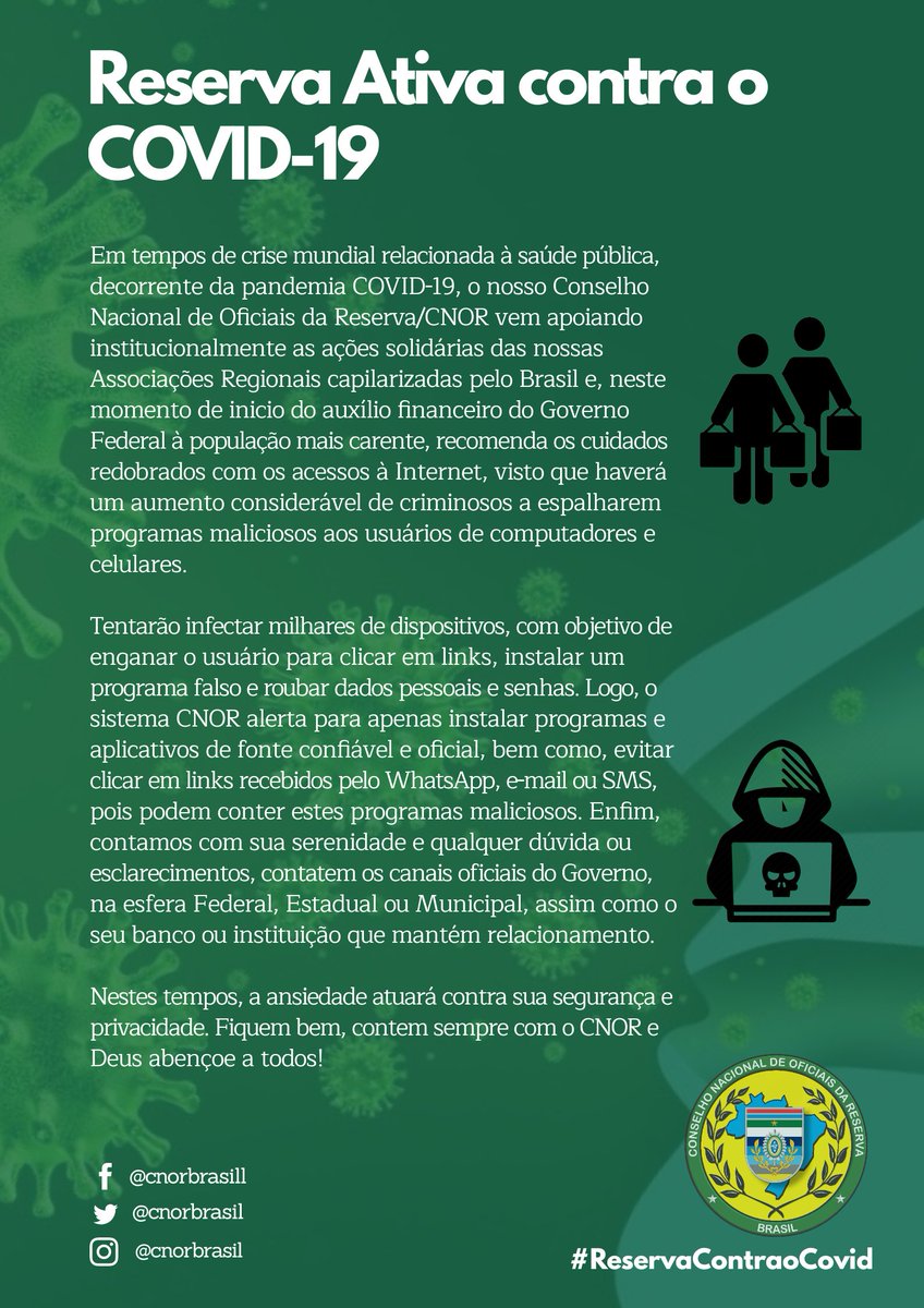 CNORBRASIL's tweet photo. Reserva Ativa, Oficiais R2 do Brasil contra o COVID-19.

#ReservaContraoCovid
#OperaçãoCOVID19
#BracoForteMaoAmiga 
#CNOR #AORE #CPOR #NPOR #OTT #MFDV #OfR2 #oCNORnuncapara #exercitobrasileiro #ministeriodadefesa #forçasarmadas #LutaremosSemTemor https://t.co/8gTey3RXMq