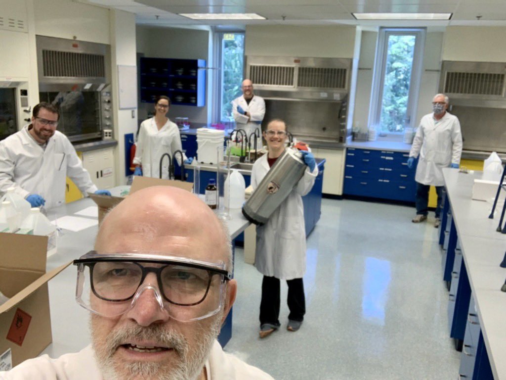 mcindoe's tweet photo. Physically distanced WHO sanitizer preparation from ⁦@chemistryatuvic⁩  - thanks to ⁦@LeitchLab⁩ for planning every last detail and ⁦@greensafewater_⁩ ⁦@TheElviraLab⁩ ⁦@wulffgroup⁩ ⁦@BurfordGroup⁩ and Dave Berry for the muscle &amp; measuring https://t.co/FBnsXKJvoD