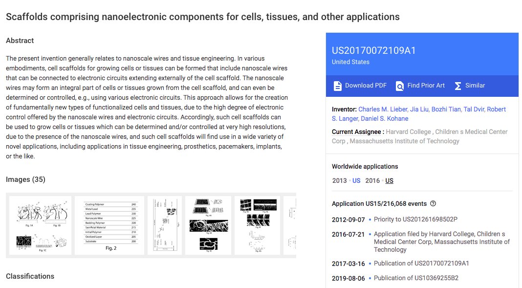 Scaffolds comprising nanoelectronic components for cells, tissues, and other applications https://patents.google.com/patent/US20170072109A1/en?inventor=Charles+Lieber&oq=Charles+Lieber+&page=5 #CharlesLieber CTRL F = SEARCH Terms to Search:Iv VivoRadioCyborg