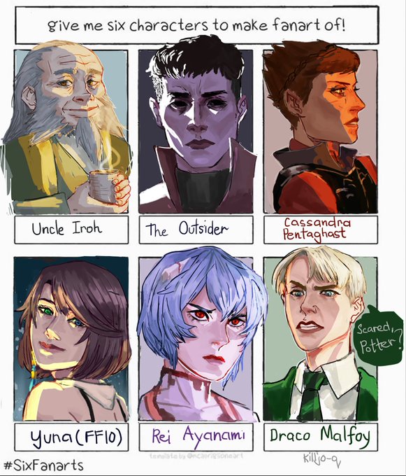 Finally done with this!!! This is the most random set of characters I've ever been asked to draw lmao 
#digitalart #6fan #6fanartschallenge  #sixfanart  #iroh #theoutsider #dracomalfoy #ff10yuna #rei #cassandrapentaghast 