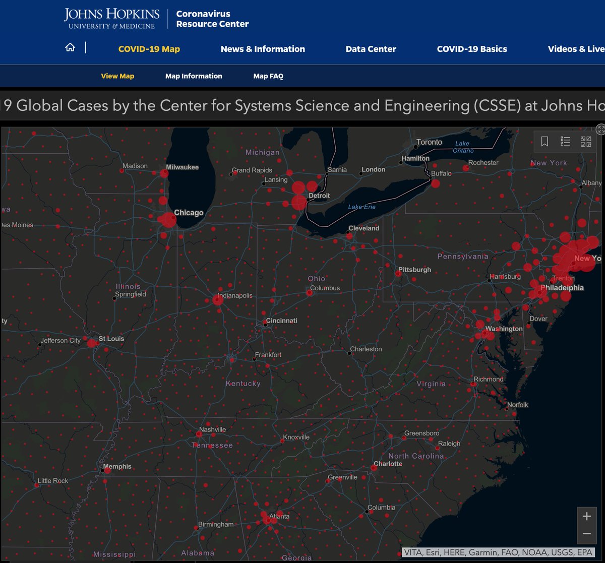 boblesser's tweet photo. STAY THE FUCK AT HOME!
Here's the #JohnsHopkins CV19 #NationalMap.
KNOW this term, #EXPONENTIALGROWTH !!!
Each one of those tiny red dots WILL DOUBLE.
The doubling WILL occur, guaranteed.
THE SLOWING IS OUR JOB
Here's a tutorial on exponential growth.
https://t.co/4OUZvIJyAH https://t.co/2JOpLAFwhU