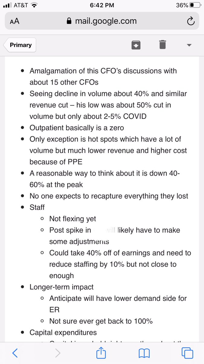 1/  #COVIDー19 is devastating hospitals and employees nationally. But not for the reason you think. They are empty - prepared for a surge that has not come - and burning cash. An executive reports his group’s stronger hospitals have “months” of cash; the weaker ones have “weeks.”