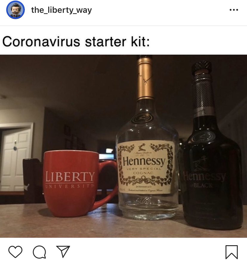The_Liberty_Way posts memes and comments on the culture of Liberty University. Posted themes include drinking, campus pranks, and dating.Is it surprising that Jerry Falwell, Jr would follow the account given his campus fines and punishes students for these sort of activities?