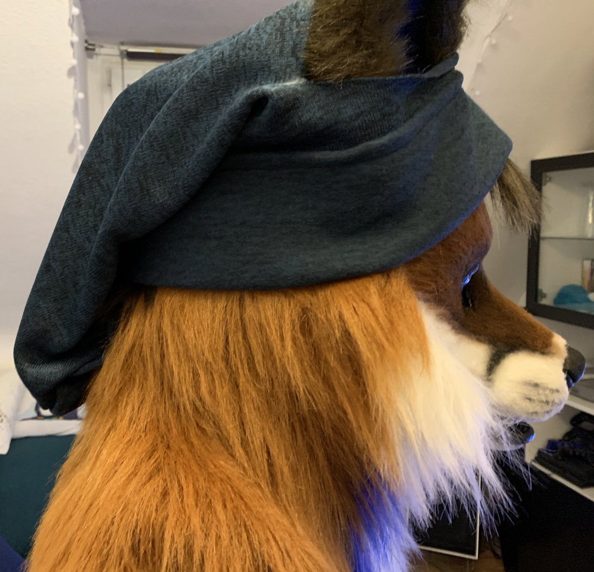 nov_craft's tweet photo. We went to NFC this year and @FuzzyFox_  needed some warm beanie for his head, I think it turned out really cool. What do you think ? https://t.co/bpQ9sMI1BU