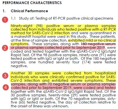 First, we're validating a serology (antibody, IgG IgM) test.To determine test characteristics, they need samples from patients who most likely WILL have produced antibodies compared to patients who most likely WON'T have antibodies.Here's what Cellex did: 6/n