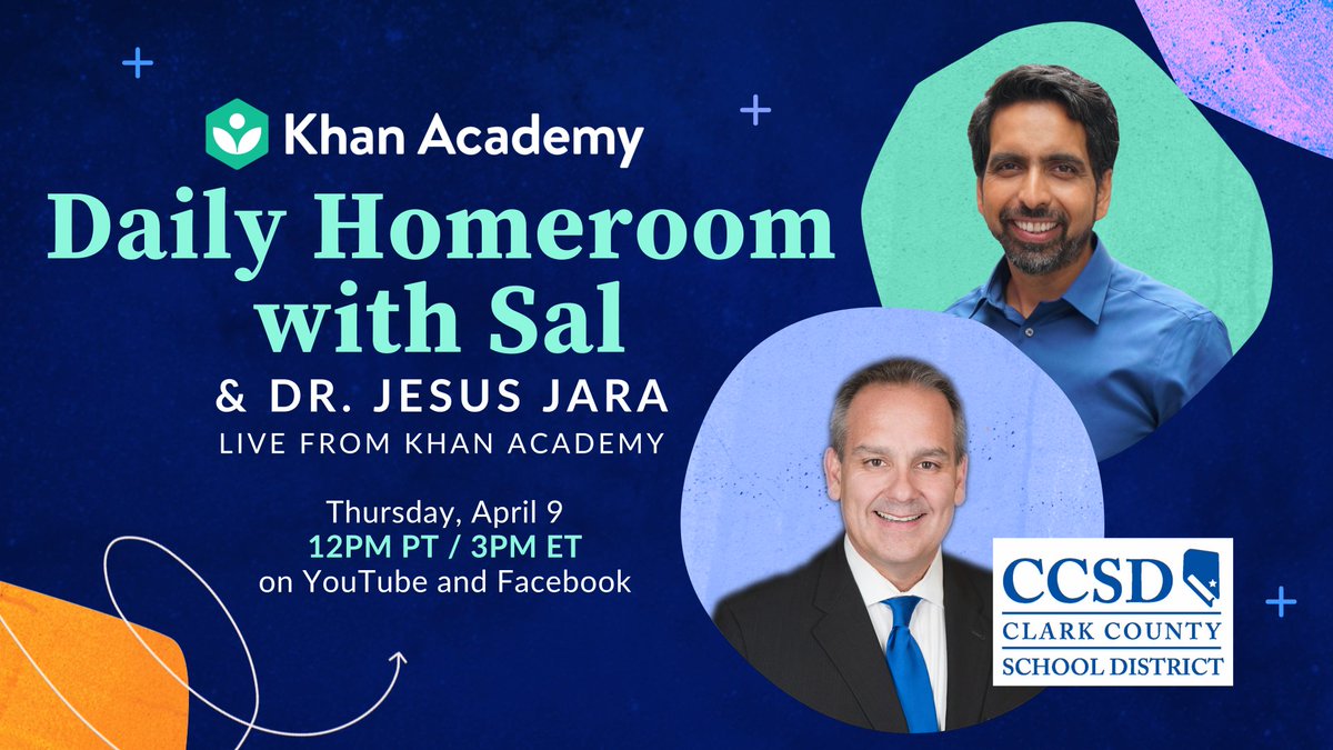 Daily homeroom with Sal and Dr. Jara. Live from Khan Academy. Thursday at 12:00 p.m. P.T. / 3 p.m. E.T. on Youtube and Facebook.