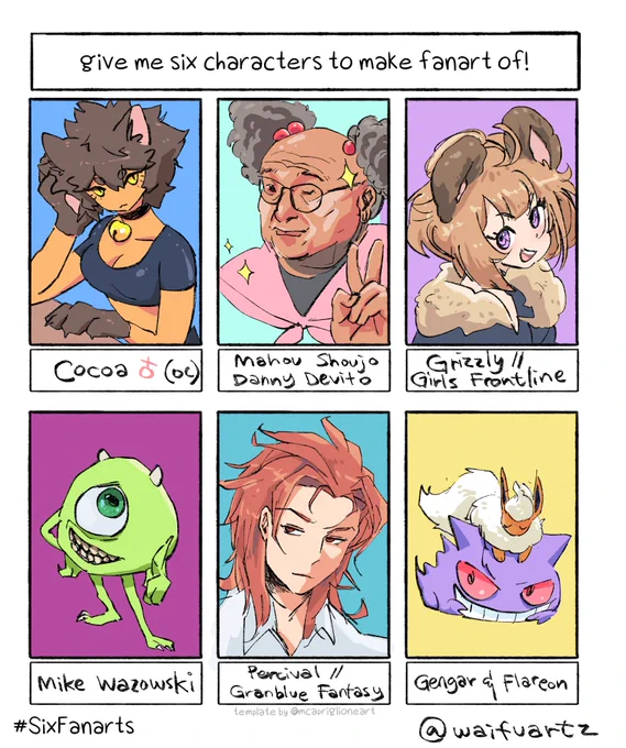 i worked harder on this than any other of my personal art the past week

Cocoa (genderbent)
Danny Devito (as mahou shoujo)
Grizzly (Girls Frontline) 
Mike Wazowski (Monsters Inc)
Percival (Granblue Fantasy)
Gengar+Flareon (Pokemon)

#sixfanart #cocoaOC 