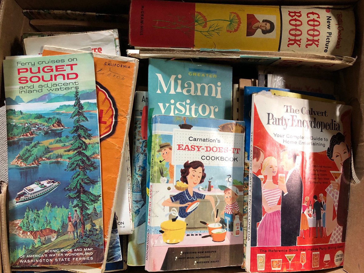 wardomatic's tweet photo. A box of old maps, cool books, ephemera. Hmm...should I warm up the ol’ scanner? https://t.co/tpxxDcCRKL