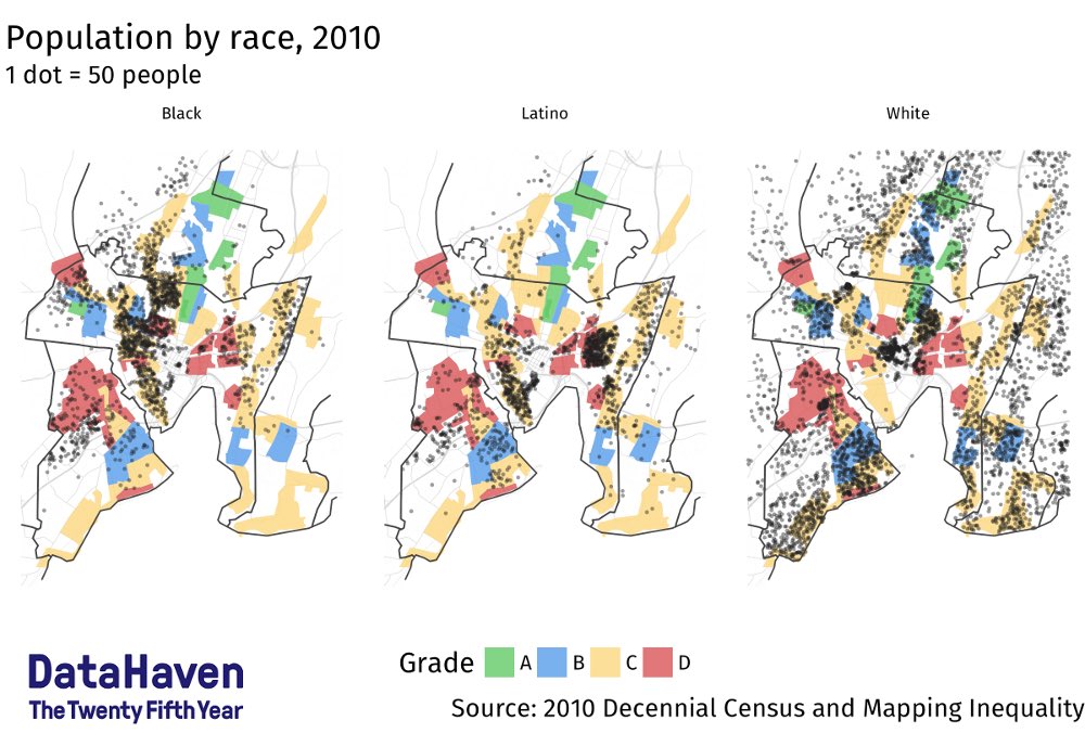 New Haven: A heat map of neighborhood  #Covid19 cases by race/ethnicity via  https://www.newhavenindependent.org/index.php/archives/entry/homeless_hotel_deal/, juxtaposed with redlining maps & racial residential segregation maps from DataHaven( @ctdata).  #nnip  #healthequity  #nhv