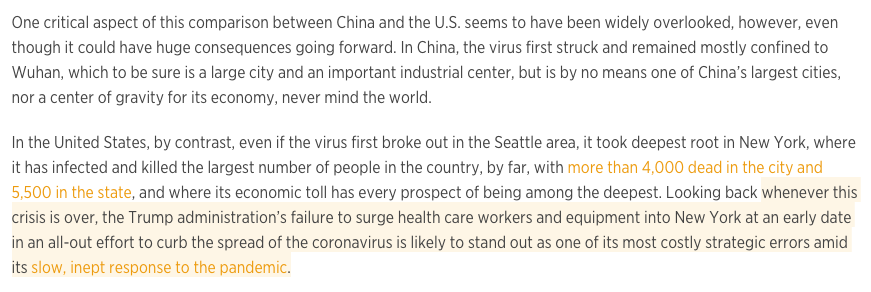 Crucial difference bw NYC & Wuhan: "failure to surge health care workers & equipment into NY at an early date in an all-out effort to curb the spread of the coronavirus is likely to stand out as one of its most costly strategic errors"ht  @hofrench  https://www.worldpoliticsreview.com/articles/28666/america-can-t-afford-to-fail-new-york-the-epicenter-of-its-covid-19-outbreak