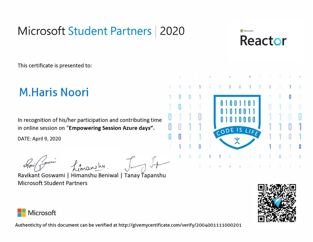 harisnoori20's tweet photo. #mspimpact #azuredays #msftstudentpartner #givemycertificate https://t.co/AWSenSa96Q