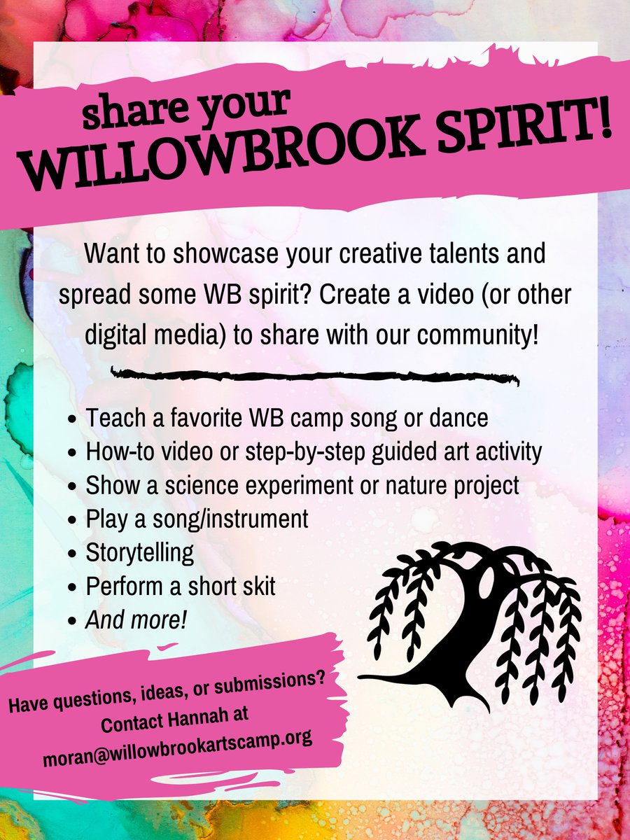 wbartscamp's tweet photo. Want to show off your talents &amp; send some WB magic to our camp community when we all need it most? We’d love to give you a spotlight on our social media! Submit a video or other visual that spreads  the WB spirit - email it in or post &amp; tag us!💚#WillowbrookSpirit #WBartscamp https://t.co/ymM8Fsz5d8