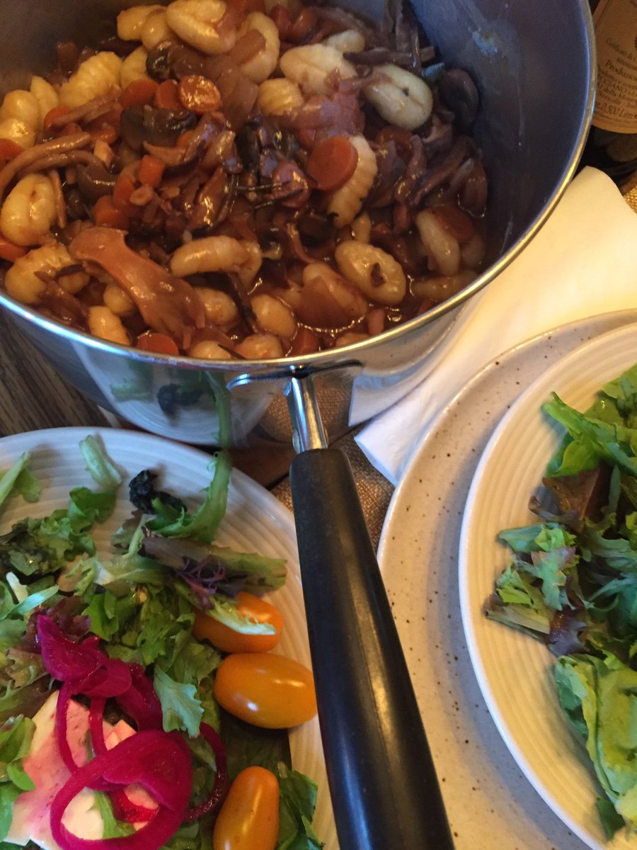 Tonight’s  #QuarrantineCuisine Mushroom Bourguignon atop Gnocchi with a salad of baby kale, tomatoes, pickled onions & feta dressed with white balsamic & oil brought back from Sovicille last year. Bourguignon is  @nytfood recipeMixed mushrooms:  @WholeFoods