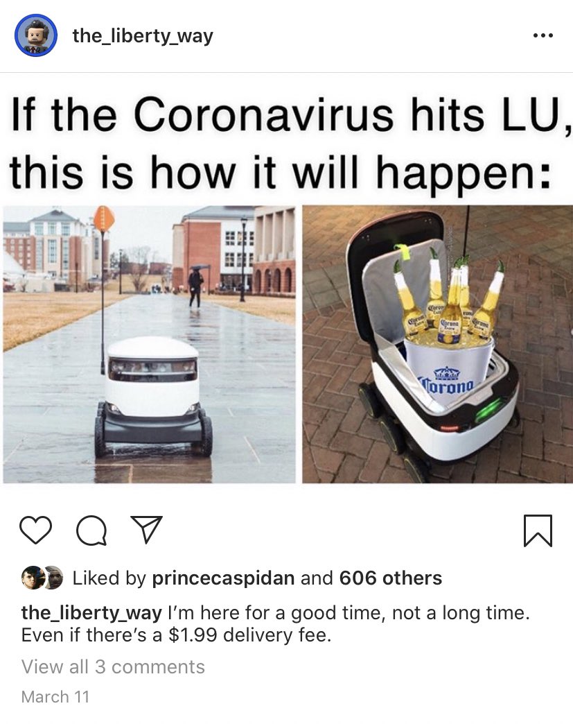 More recently the private account Jerry Falwell, Jr. and his family members have been following has been posting memes downplaying and joking about the coronavirus pandemic.
