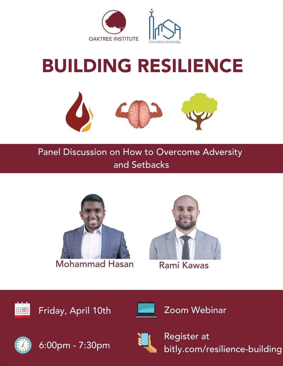 OTInstitute's tweet image. Panel discussion with @RamiKawas and @HasanPsychology this Friday 6:00pm - 7:30pm on Zoom. 

Register here: bitly.com/resilience-bui…