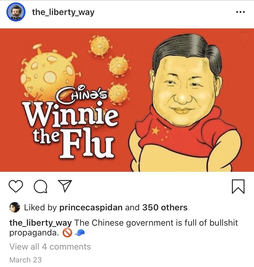 The account The_Liberty_Way, followed by Jerry Falwell, Jr., has also referred to the  #coronavirus as the “Wuhan Virus,” and the “China virus” adding to the stigmatization of Asian-Americans.