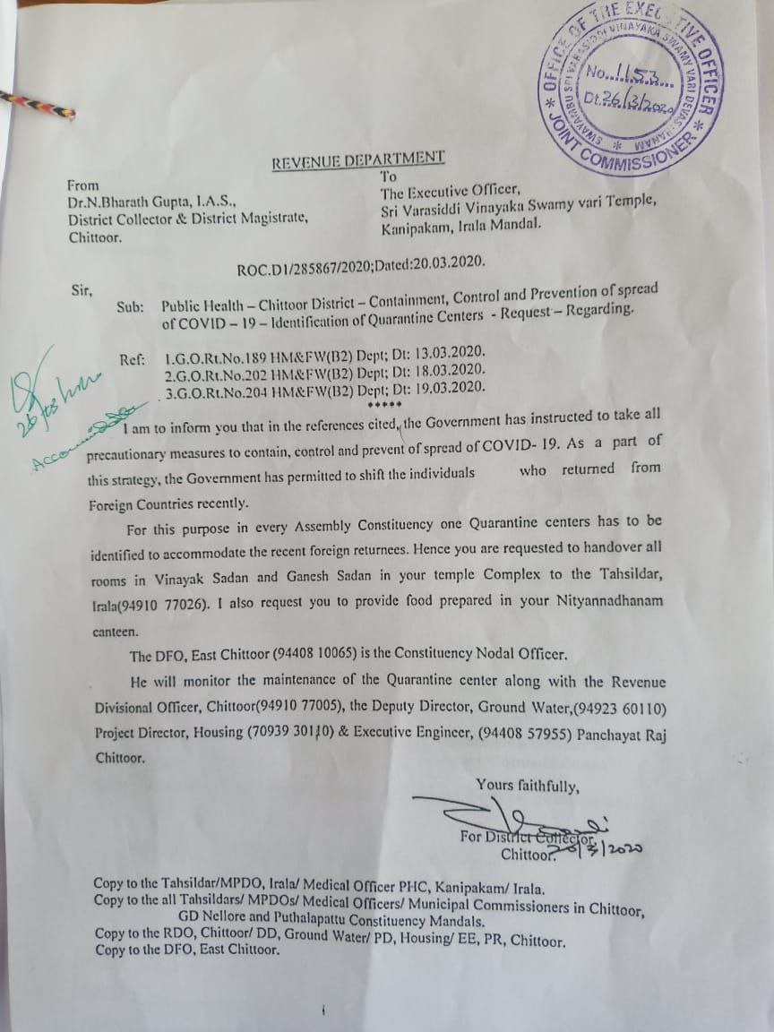 A government order asking for surrendering of temple properties to use as a quarantine base. "Temple canteen" is being ordered to prepare food like a dhaba.I wonder what all will be done/ allowed.