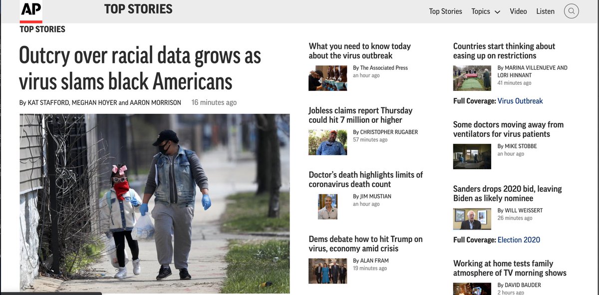 End of thread: Our story is now leading the  @AP’s website. We will continue to cover inequity & race amid the COVID-19 pandemic and the disproportionate impact on black Americans. More to come. DM or email story tips and ideas.