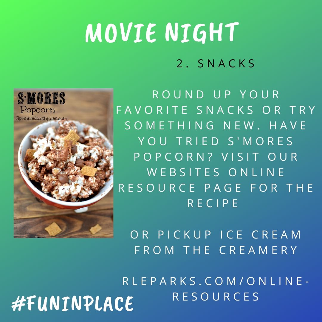 rleparks's tweet image. Want to mix things up at home? How about our movie night idea. Scroll through to get some ideas. Make sure to tag us or use our hashtag to let us know what you came up with #funinplace

#shelterinplace #homerecreation #movienight #homemovienight