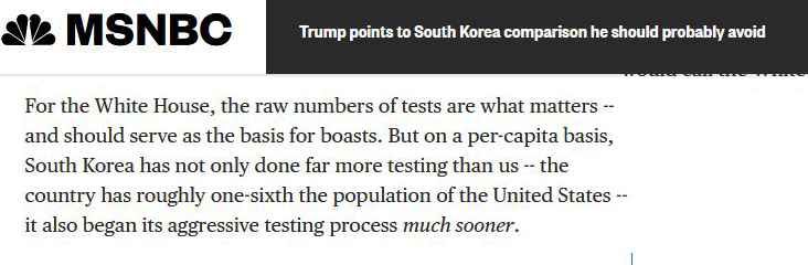 On March 26--2 weeks ago--MSNBC and other agitprop groups was calling Trump a liar for not looking at data per capitaEvery conservative who insists on calling the corporate press stupid or mistaken is the one who is both stupid and mistakensource:  https://www.msnbc.com/rachel-maddow-show/trump-points-south-korea-comparison-he-should-probably-avoid-n1169501  https://twitter.com/maddow/status/1248010807213883392