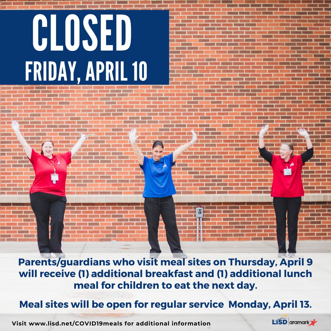 ❗️NOTICE | All meal sites will be closed this Friday, April 10 in observance of the holiday. Parents/guardians who visit meal sites on Thursday, April 9 will receive (1) additional breakfast and (1) additional lunch meal for children to eat the next day.