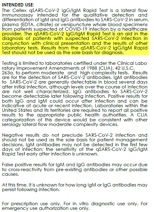 Limitations from Cellex's test materials (here:  https://www.fda.gov/medical-devices/emergency-situations-medical-devices/emergency-use-authorizations).First, and my main focus here: We don't know the clinical sensitivity, specificity or predictive value of these tests. They aren't adequate for  #COVID19 diagnosis & aren't equivalent to PCR tests.14/n