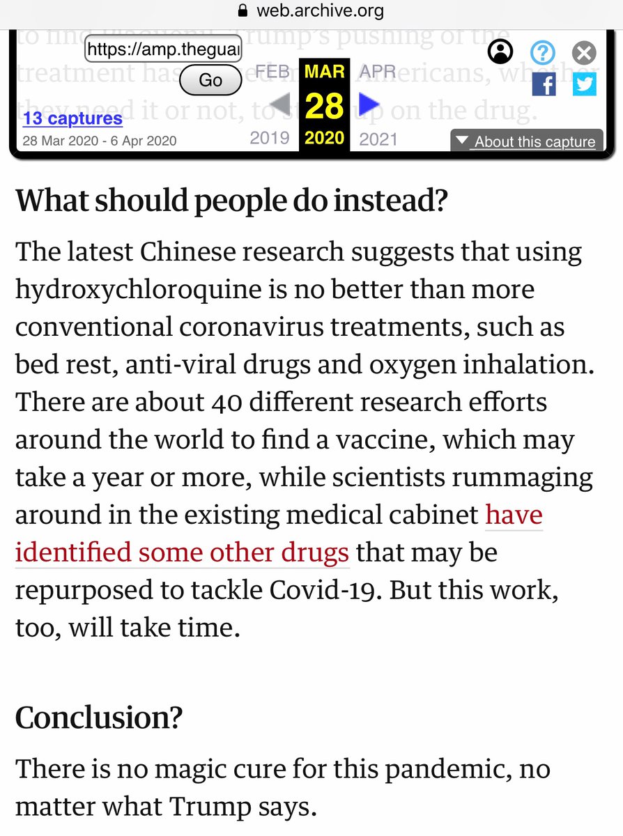 Here’s the link:  https://web.archive.org/web/20200328172245/https://amp.theguardian.com/world/2020/mar/28/coronavirus-cure-fact-check-hydroxychloroquine-trump