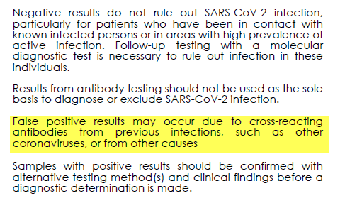 Cross-reactions causing false positives (eg antibodies vs other Coronaviruses) and false negatives (needing PCR tests to adjudicate) are both addressed in the package insert.These POC serology limitations are crucial and I'm VERY worried they're underappreciated 16/n