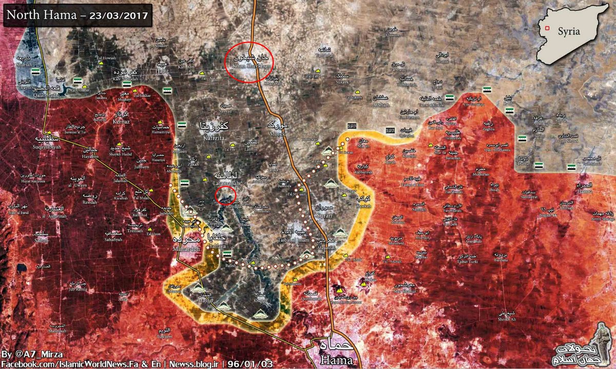 And while the SAA concentrated mainly on Aleppo, 6000 HTS fighters and suicide bombers had gathered north of Hama to launch a major offensive (see dotted line). https://en.wikipedia.org/wiki/Hama_offensive_(March%E2%80%93April_2017) Why Assad decided to use Sarin, but not against the 6000 fighters remains questionable.