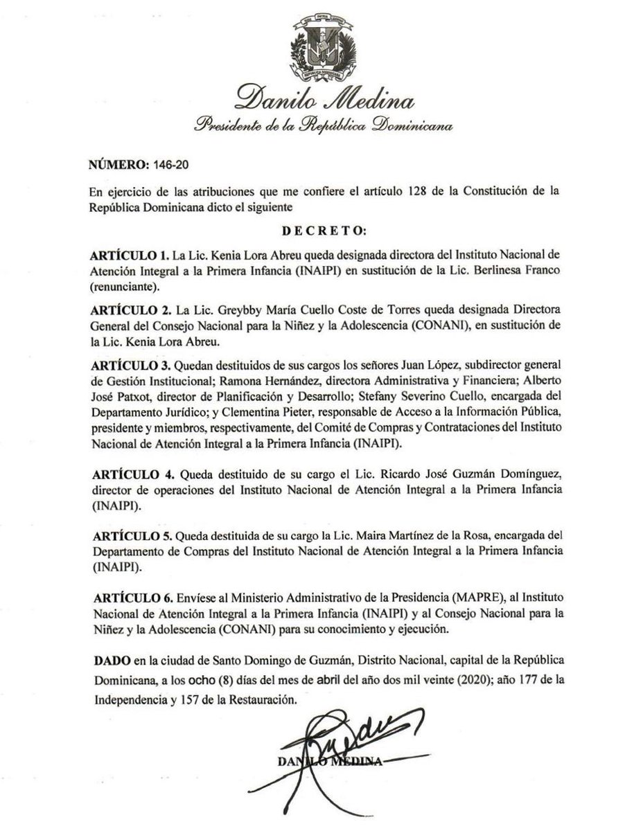 nuriapiera's tweet photo. [Decreto 146-20] Presidente Danilo Medina designa a Kenia Lora Abréu directora del INAIPI y a Greibby Cuello Coste directora de CONANI.
Destituye a 7 funcionarios del Comité de Compras del INAIPI. https://t.co/z1Xj555csG