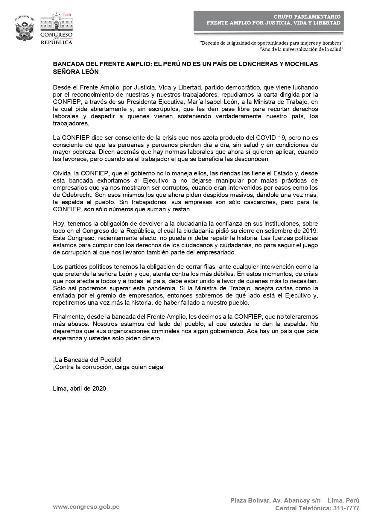 Foto: Bancada Frente Amplio / Fuente: Twitter