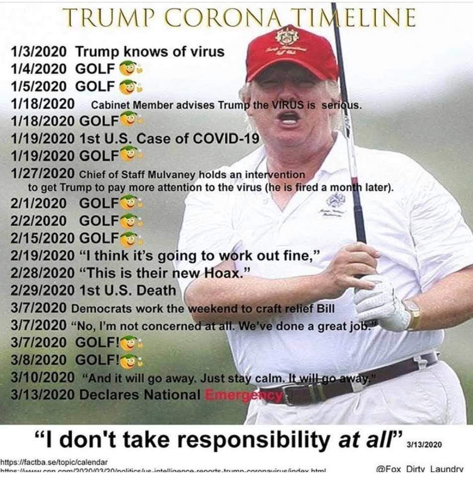 14 Lack of social distancing; indifference to policies, medical advice & evidenced-based science; or Inactions, denials, & delays by people that needlessly spread the lethal virus. are not encouraged or promoted on TV. https://www.snopes.com/fact-check/trump-golf-rallies-coronavirus/