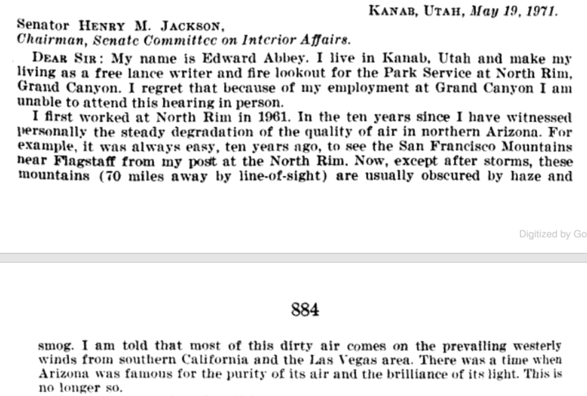 Land_Desk's tweet photo. Came across this 1971 letter from Edward Abbey to congressional committee looking into #BigBuildup of coal plants in Southwest. 5 of 6 planned plants were built, anyway, despite wave of opposition. Now they’re slowly going away in the #BigBreakdown https://t.co/fYli4W6jII