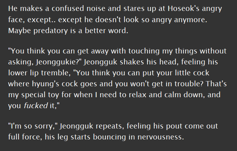 junghope, e, 4k || canon compliant, pwp, jk uses hoseok's fleshlight without permission || this!!! fucking!!!! fic!!!!!! remember how hobi said the maknaes were his toys!!!!! jk is his toy!!!!!!! it's very hot!!!!!!  https://archiveofourown.org/works/17092118 