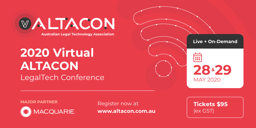 Get the chance to share your ideas and innovations with influential people behind the #legaltech industry through #vALTACON2020's Pitch Competition! 

Don't miss this chance to drive your Legal Tech business forward. Buy your tickets now: altacon.com.au/tickets/