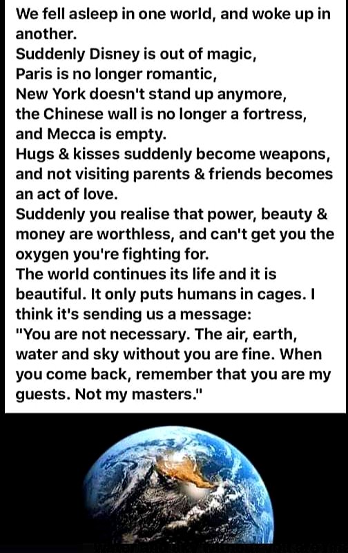 Fibutton's tweet photo. A message from Mother Earth. ❤🌏❤🌏❤🌏❤🌏❤
#coronavirus #COVID19 #lockdown #StayHomeStaySafe https://t.co/237eTLGPVd