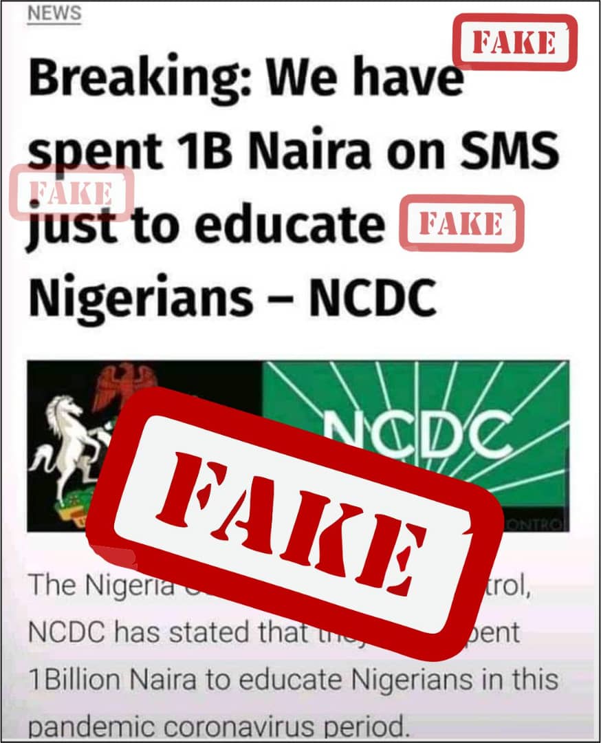 The headline claiming that NCDC has spent N1 billion on SMS to Nigerians is FALSE

While communication through SMS is a key part of our #COVID19 response strategy, this has been largely provided as in-kind support by @AirtelNigeria @MTNNG @GloWorld 

 #TakeResponsibility