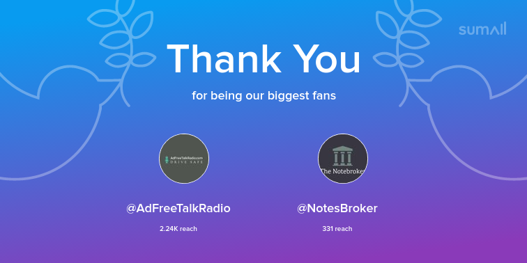 MJKies's tweet photo. Our biggest fans this week: AdFreeTalkRadio, NotesBroker. Thank you! via https://t.co/NqNfMzzdFd https://t.co/OydAQOei6X