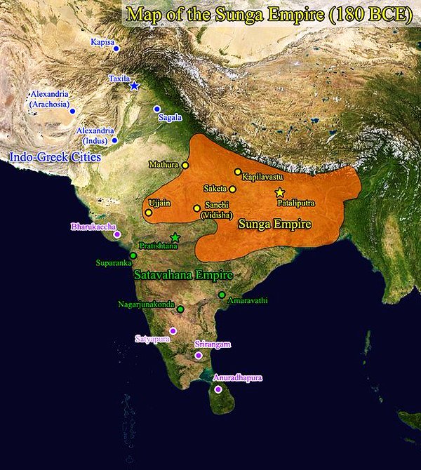 3. Sunga Empire ( 185-73 BCE)The last emperor of Mauryas, Brihadartha was assassinated by his Brahmin general, Pushyamitra Sunga, in 185 BCE.Pushyamitra started a dynasty called Sunga dynasty.Image of extent of Sunga Empire.
