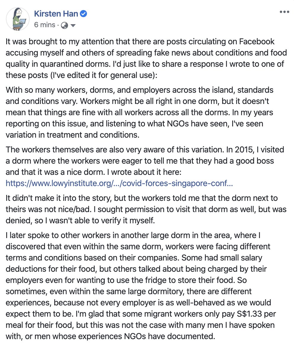 I've been alerted to posts on Facebook that are accusing me and others of spreading fake news about the workers' conditions. I've responded: