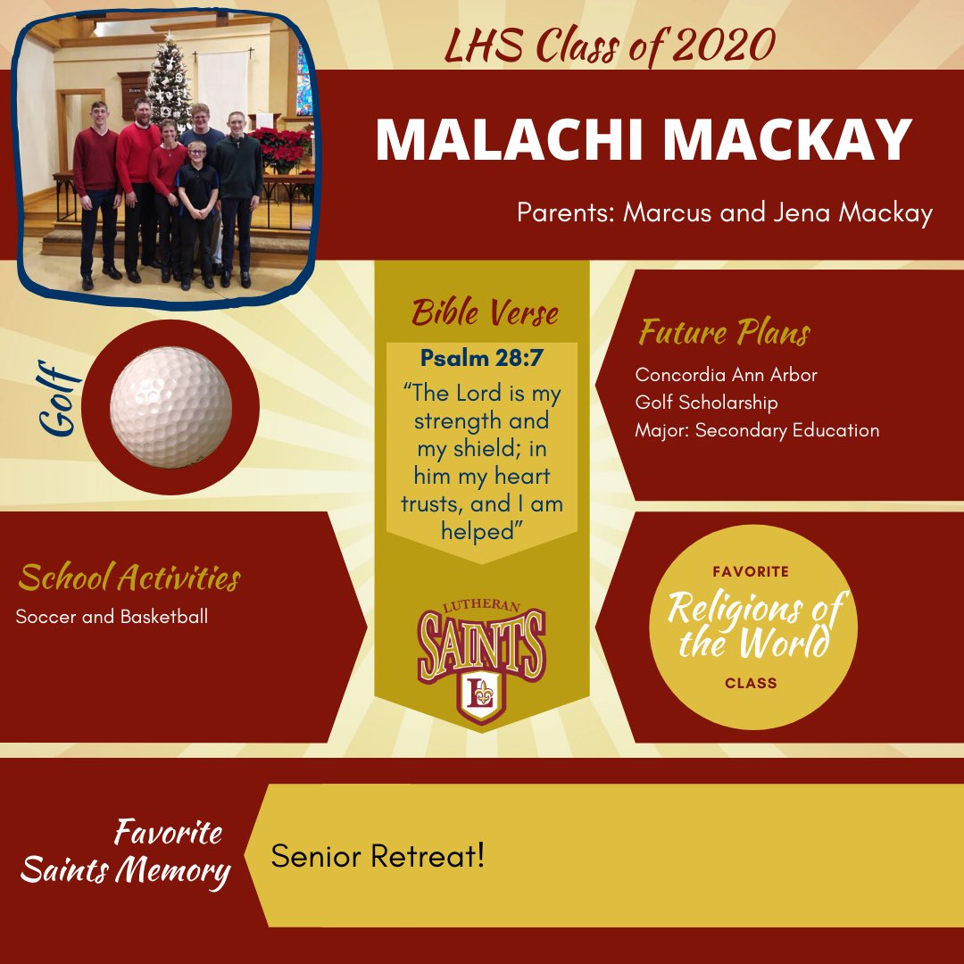 LutheranSaints's tweet photo. Since our spring sports seasons were cancelled this year, we still want to celebrate our senior athletes who had committed to playing this season! Tonight, we celebrate our ONE GOLF senior, Malachi Mackay! https://t.co/AQ8Vc2kQ98