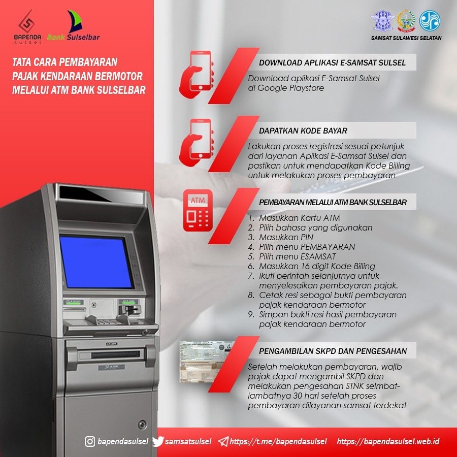 Gunakan layanan pembayaran Pajak Kendaraan Bermotor melalui ATM Bank Sulselbar.
Mudah dan cepat.

Jaga kesehatan dan gunakan masker kain saat bepergian 🙏
