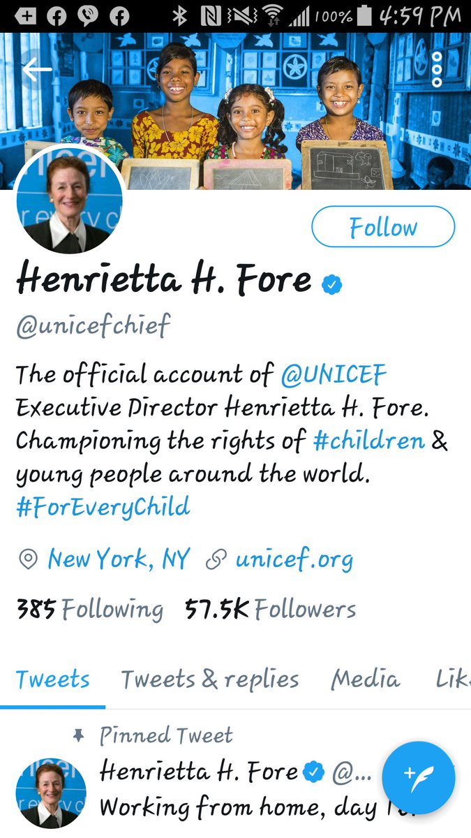 Next up we have this lady... @unicefchief Ms. HENRIETTA FORE. Here she is below...she champions for the rights of  #children and young people around the world. Notice the hash tag  #children. I'm starting to see a theme here but wait...there's a BOOM soon...