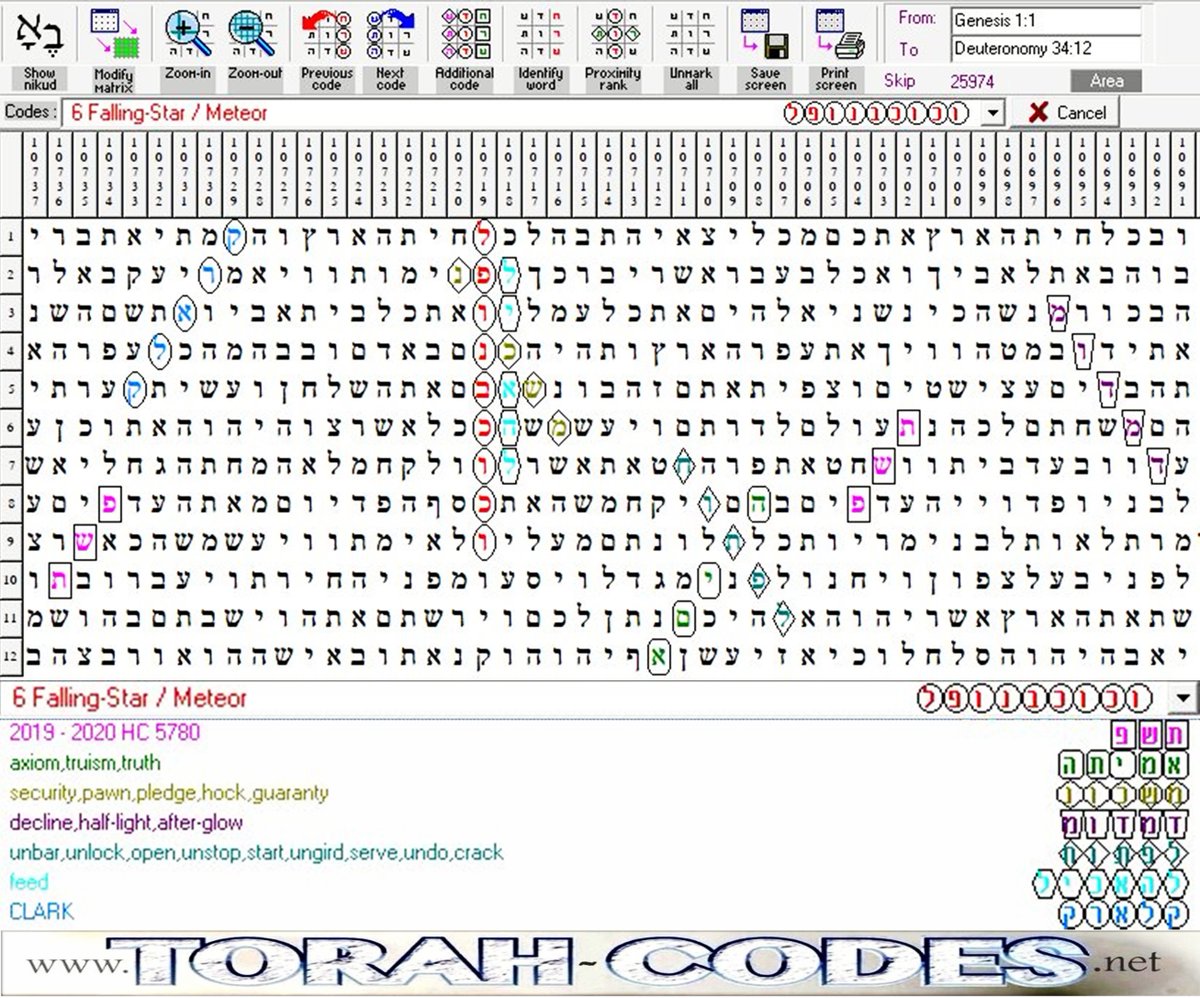 PrimeCleric's tweet image. Torah Code for Falling-Star/Meteor, extends to 6 Meteor.
AD 2020, Axiom, Guaranty, After-glow, Ungird/Crack, Feed, Clark.
Interestingly, the new 2020 movie Greenland, is about an interstellar comet named Clark, which breaks up into fragments showering Earth in apocalyptic scenes.