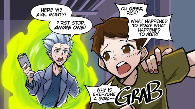 M- Morty! We're stuck in a 4 panel twitter anime comic, Morty! We gotta get out of here! 