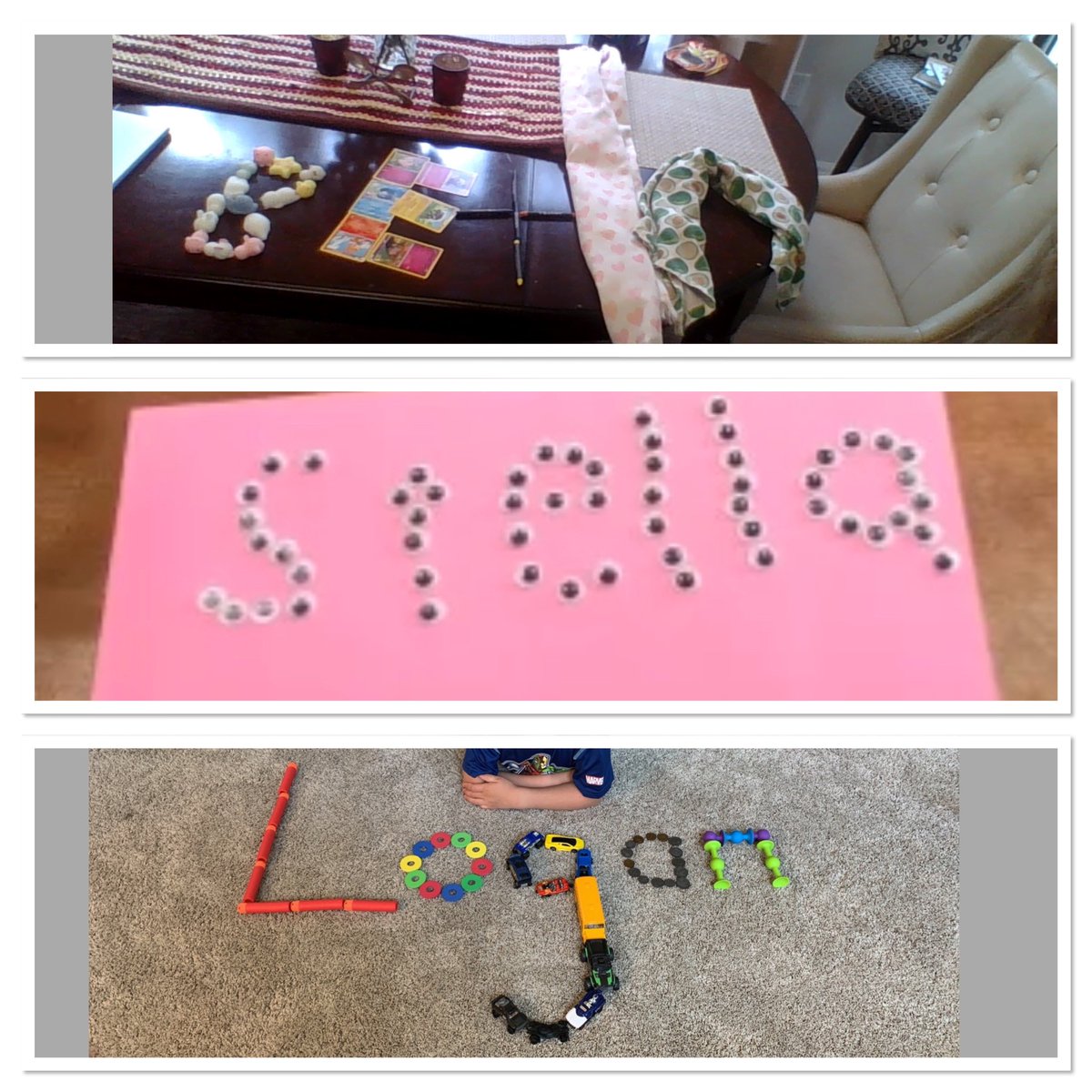 KaneCFES's tweet photo. I love keeping my kindergarteners’ creativeness flowing! Today they were challenged to use things around their house to form their name! This artwork is so amazing! #STEAM #VBAlwaysLearning #coltspride #cfes https://t.co/c1C2obPlZP