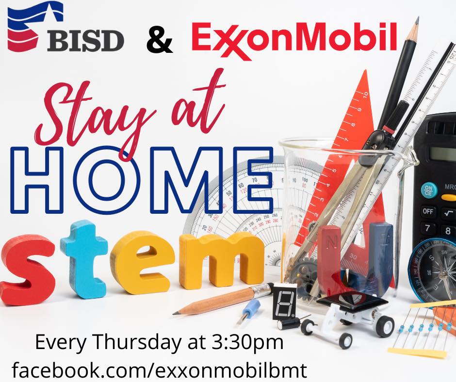 96Young's tweet image. HAPPENING TOMORROW | We’re excited to announce a new series called “Stay at Home STEM” with the @BeaumontISD . Each Thursday, we will conduct a #STEM activity or experiment on Facebook Live. We hope you and your children will tune in and join us!
#homeschooling