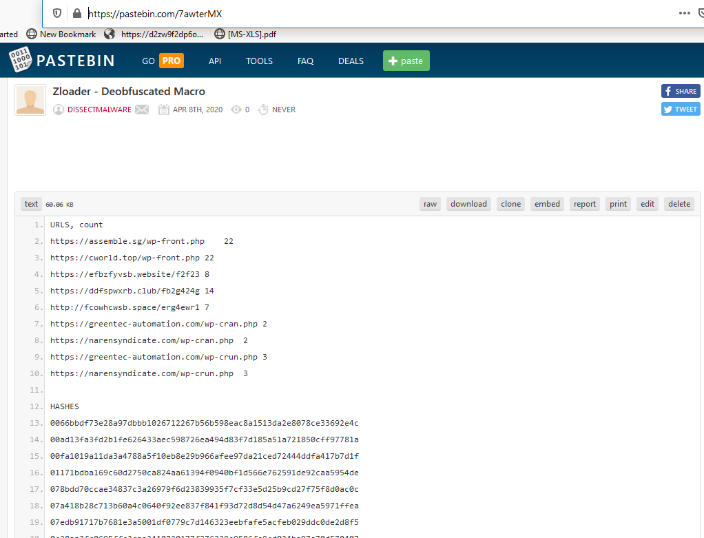 DissectMalware's tweet photo. Tracking #Zloader? I developed a #python script to extract and deobfuscate the macros from zloader #xls files. It might help you...
https://t.co/Npu8zb4i9w
Recent 50 documents (Deobfuscated Macros + URLs + Hashes)
https://t.co/1utidjY6bk
Many with 0 detections
HT @InQuest https://t.co/QvOF1nZRpU